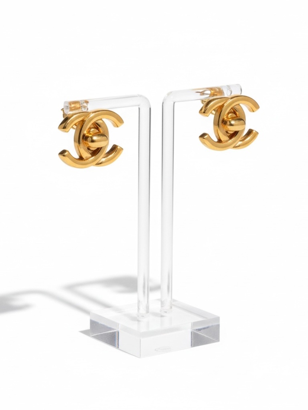CHANEL Turnlock Gold Plated Interlocking CC Clip Earrings